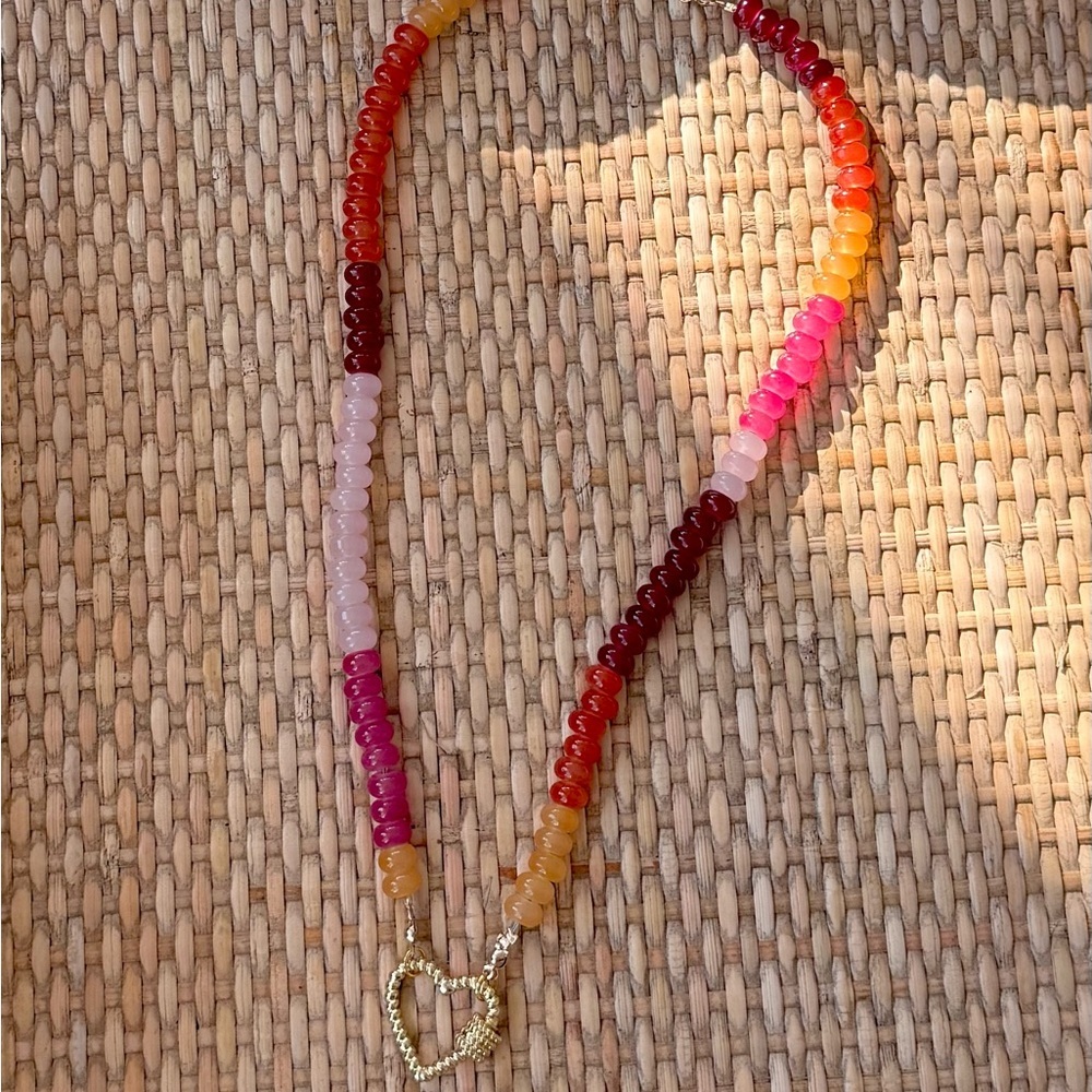 Pink Beaded Necklace with Heart Pendant